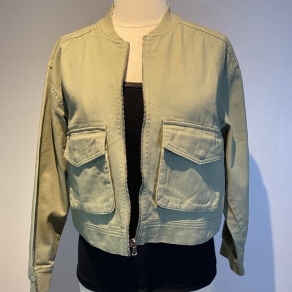 Nicole Miller New York sage green 100% cotton cropped denim zip jacket size M - Picture 1 of 10
